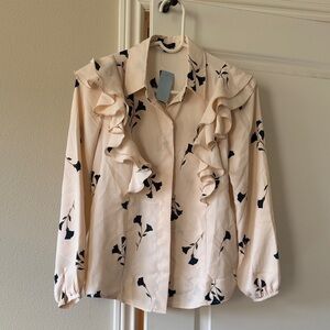 Ann Taylor Cream and Black Floral Ruffle Blouse